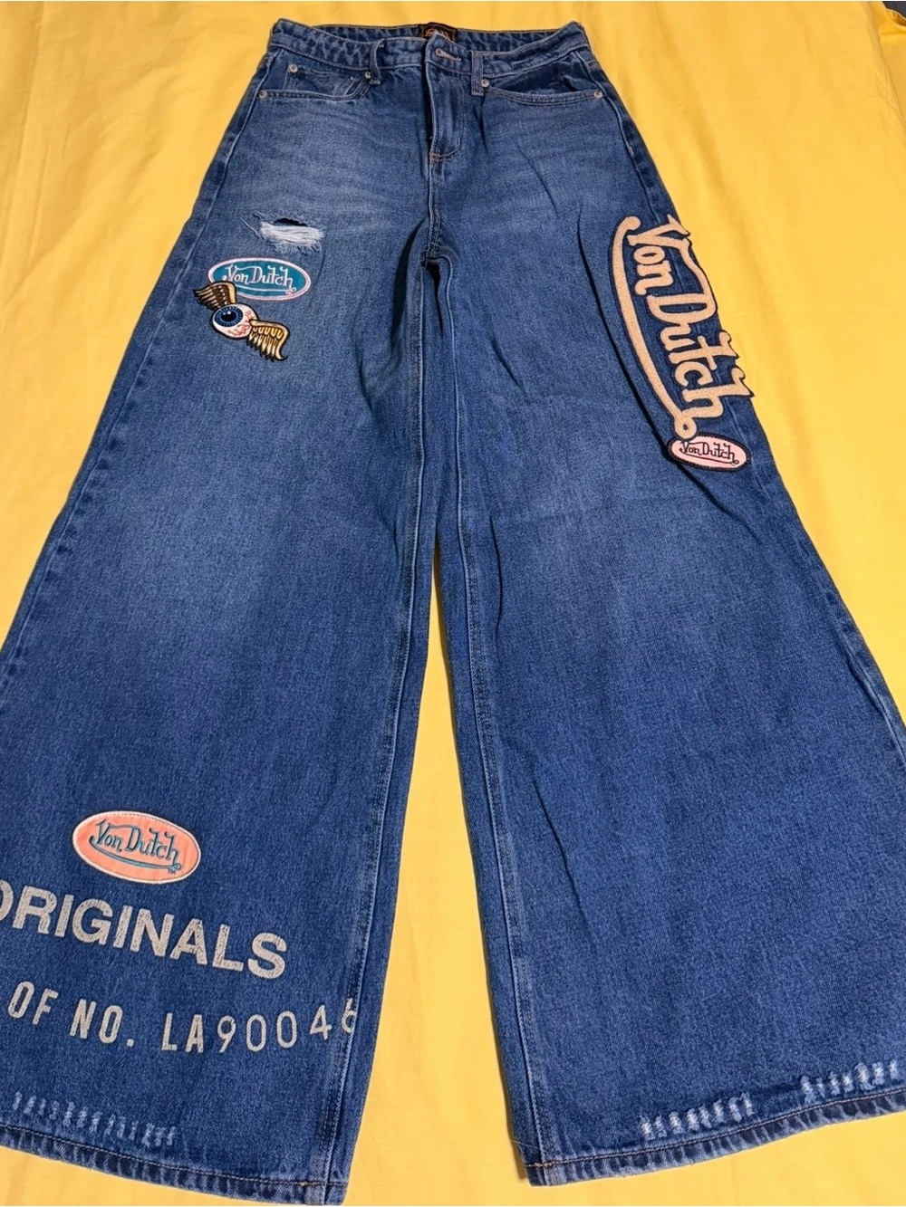 Von Dutch Blue Flared Wide Leg Jeans with Pink Patch Accents